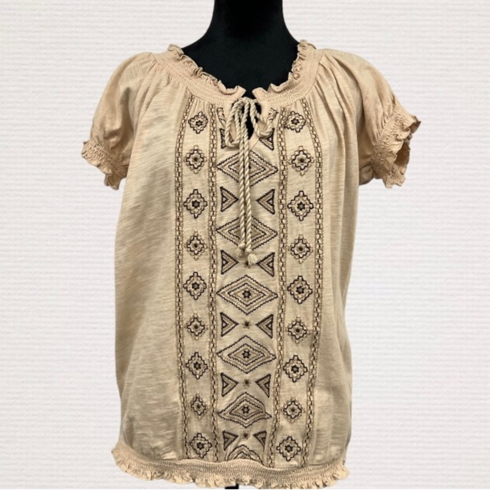 ST JOHN'S BAY Cream w/Brown Tribal Embroidery Boho Top, Cotton, Size Small